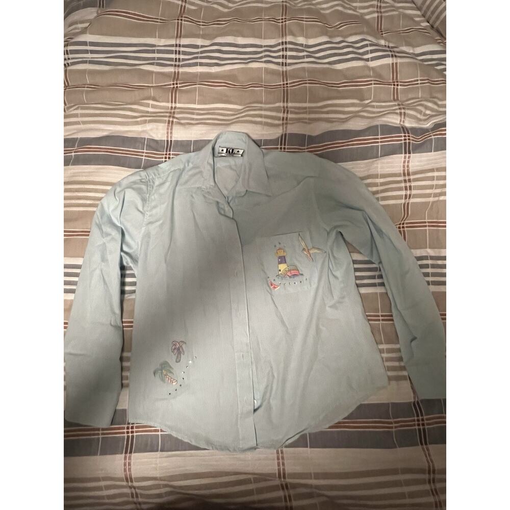 Vtg KL Collection Blue Shirt Embroidered Lighthouse, Bird, Palm Tree W Jewels SM